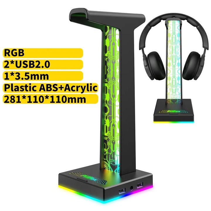 Fejhallgató tartó K0323-0805-CJ8977, RGB 10 mód, 2 x USB 2.0, 3.5 mm audio port, ABS+akril, fekete, 281 x 110 x 110 mm