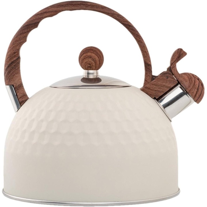 BOL6-Gmk0378-260804-18 rozsdamentes acél teáskanna, 2.5 L, fa hatású Bakelite fogantyú, indukciós/gáz/elektromos tűzhelyen is használható, sípoló hang forráskor, bézs