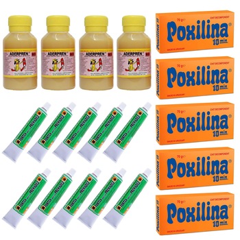 Pachet - 10 x Fortza adeziv tip prenadez la tub, 50ml + 5 x Poxilina, 70g + 4 x Aderpren prenadez, lipici piele, 50ml Pachet - 10 x Fortza adeziv tip prenadez la tub, 50ml + 5 x Poxilina, 70g + 4 x Aderpren prenadez, lipici piele, 50ml