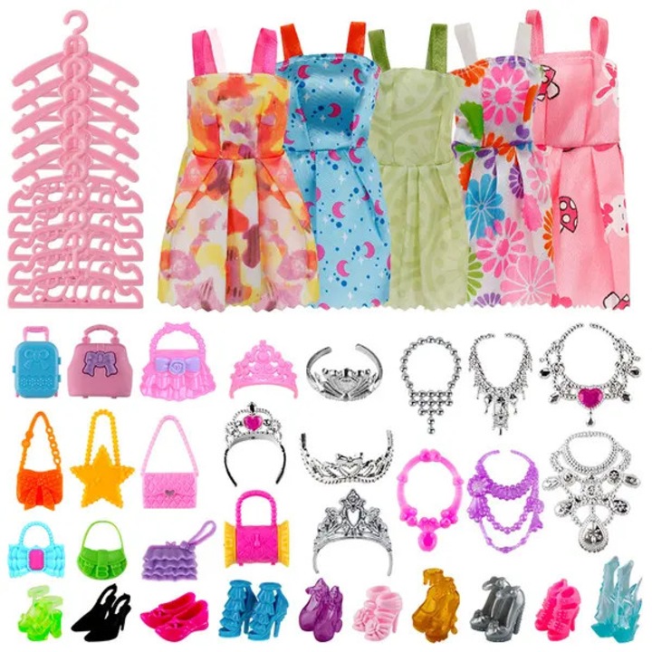 Set 46 piese haine si accesorii pentru papusi, satin, dantela si tull, potrivit pentru papusi 28–30 cm, multicolor, PRE-CJk0515-26-0826-1467
