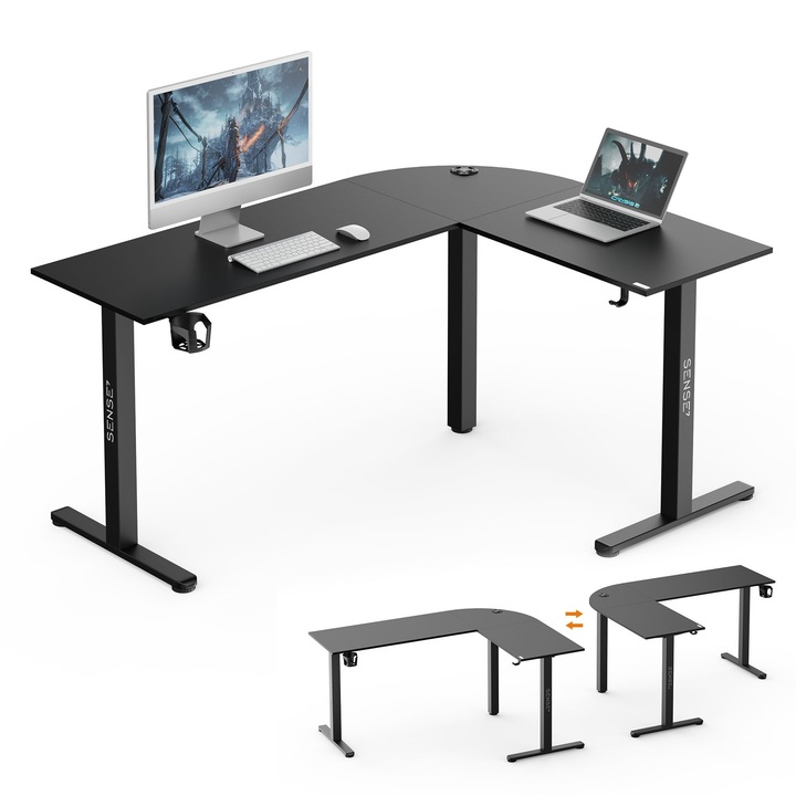 Ъглово бюро SENSE7 RONG, 154x117x70 см, MDF плот с текстура от карбонови влакна, товароносимост 80 кг, реверсивен монтаж, поставка за слушалки, поставка за чаша, черно