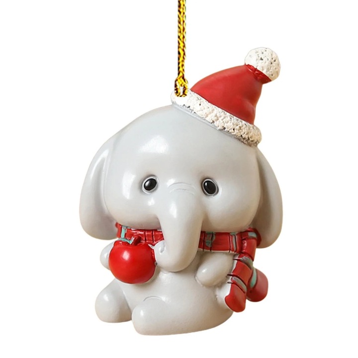 Decoratiune de Craciun YANYXR BCS3150634, pandantiv elefant din acril plat cu caciula si mar, gri/rosu, 9 x 6 x 6 cm