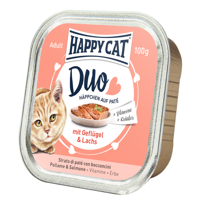 Happy Cat Duo pástétomos falatkák - Szárnyas és lazac, 12x100 g