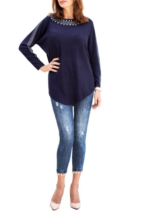 Bluza oversize, margele, strassuri, Albastru inchis, L