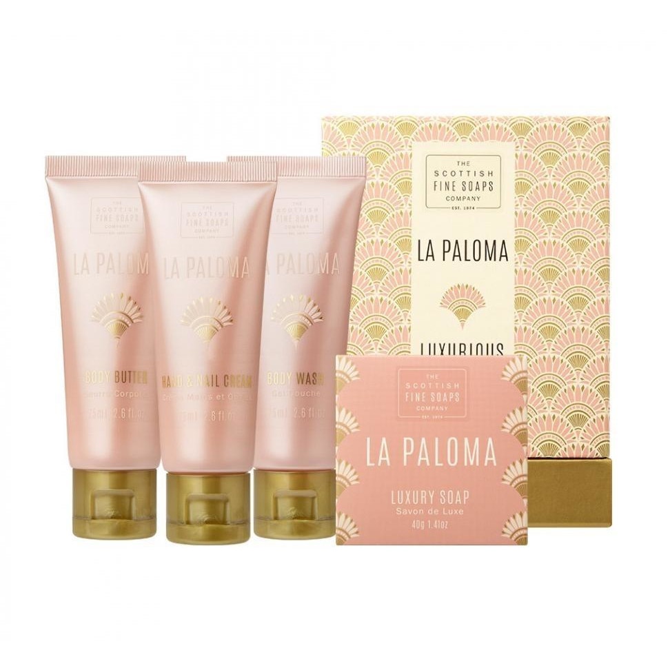 Set cadou La Paloma Glamour: Gel de dus 75ml, Unt de corp 75ml, Crema pentru maini si unghii 75ml, Sapun 40g