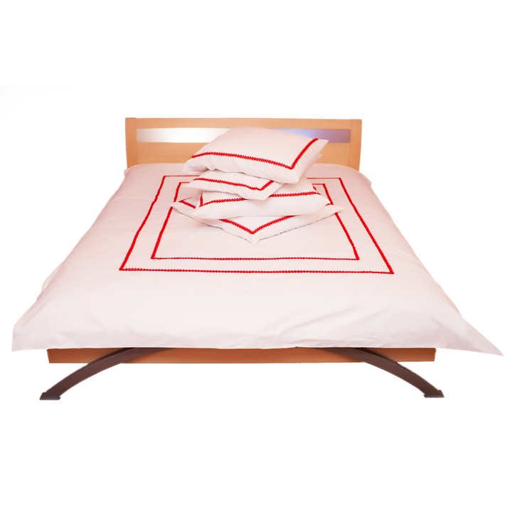 Lenjerie de pat Kharma din bumbac alb cu dantela rosie aplicata