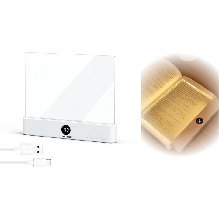 GREATON 2 az 1-ben LED Olvasólámpa, USB Újratölthető, 3 Állítható Fénymód, Szemvédelem, Digitális Kijelző, Időzítő, 1200 mAh, Fehér
