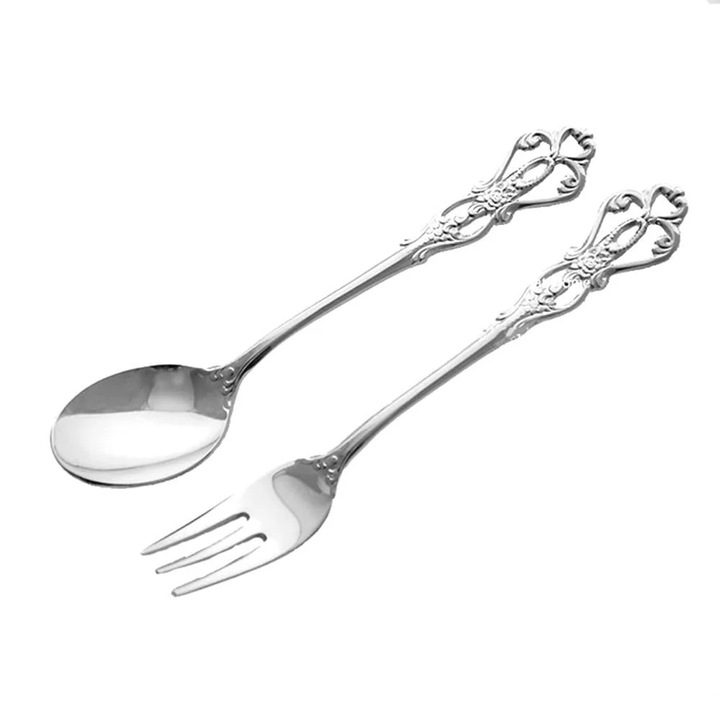 Set 1 pereche tacamuri YANYXR BCS3158461, din otel inoxidabil, model retro cu decoratiuni relief, argintiu, lingura 12.6 cm / furculita 12.9 cm