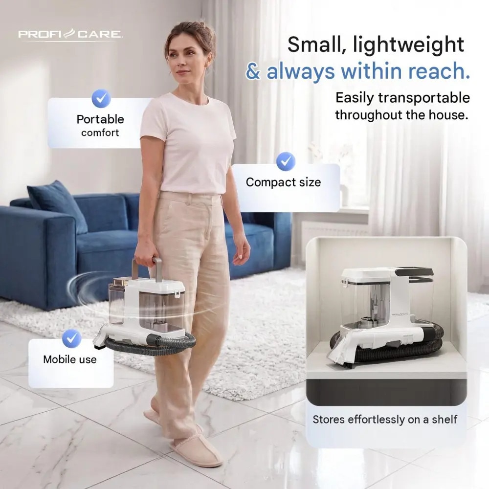 Aspirator cu spalare pentru textile si tapiterii ProfiCare, Sistem Dual Tank, capacitate apa curata 0.8 litri, rezervor apa reziduala 0.6 litri, functie autocuratare, ideal pentru casa si masina, accesorii incluse, alb