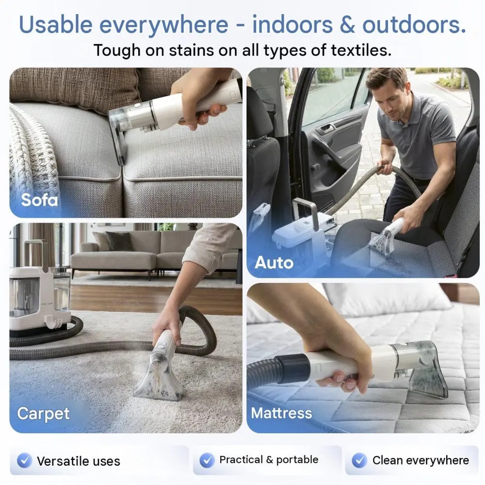Aspirator cu spalare pentru textile si tapiterii ProfiCare, Sistem Dual Tank, capacitate apa curata 0.8 litri, rezervor apa reziduala 0.6 litri, functie autocuratare, ideal pentru casa si masina, accesorii incluse, alb
