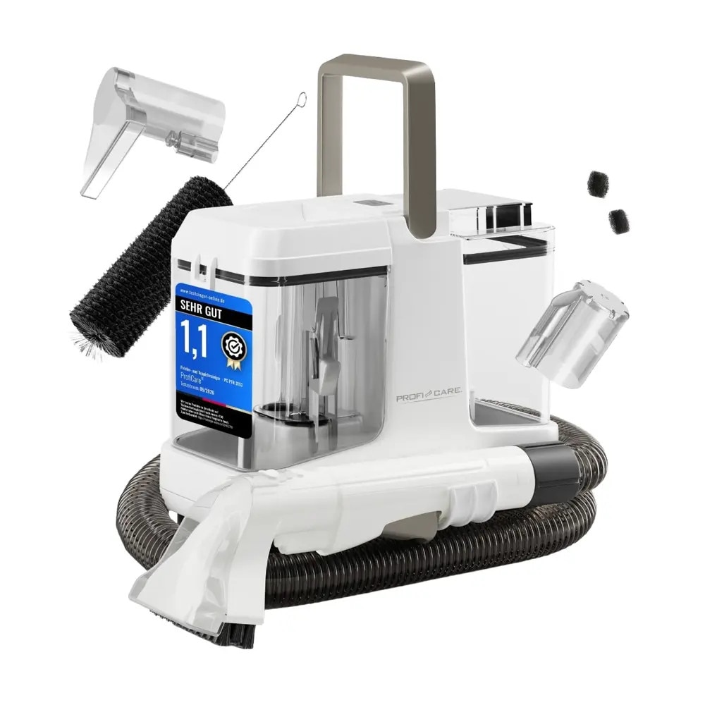 Aspirator cu spalare pentru textile si tapiterii ProfiCare, Sistem Dual Tank, capacitate apa curata 0.8 litri, rezervor apa reziduala 0.6 litri, functie autocuratare, ideal pentru casa si masina, accesorii incluse, alb