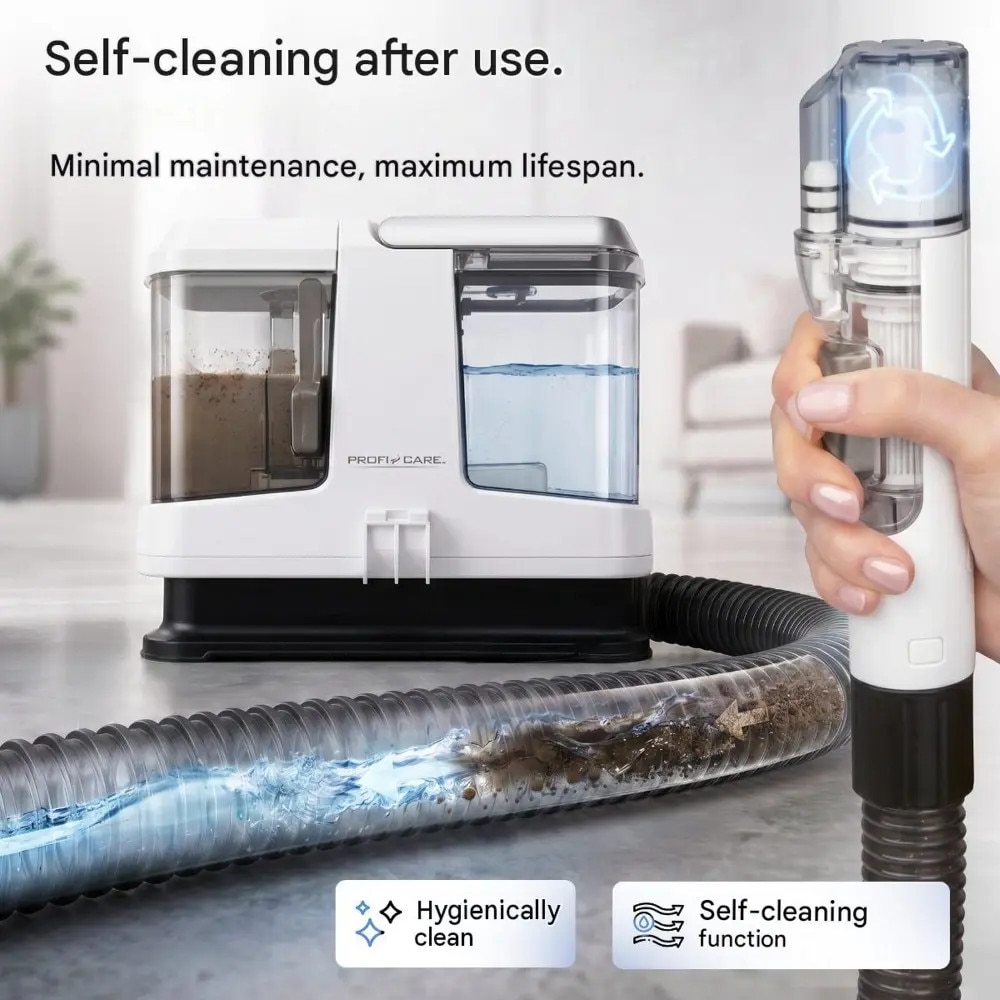 Aspirator cu spalare pentru textile si tapiterii ProfiCare, Sistem Dual Tank, capacitate apa curata 0.8 litri, rezervor apa reziduala 0.6 litri, functie autocuratare, ideal pentru casa si masina, accesorii incluse, alb