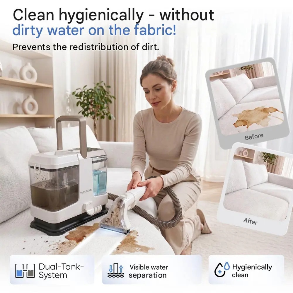 Aspirator cu spalare pentru textile si tapiterii ProfiCare, Sistem Dual Tank, capacitate apa curata 0.8 litri, rezervor apa reziduala 0.6 litri, functie autocuratare, ideal pentru casa si masina, accesorii incluse, alb
