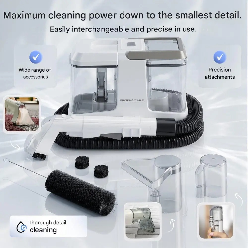 Aspirator cu spalare pentru textile si tapiterii ProfiCare, Sistem Dual Tank, capacitate apa curata 0.8 litri, rezervor apa reziduala 0.6 litri, functie autocuratare, ideal pentru casa si masina, accesorii incluse, alb