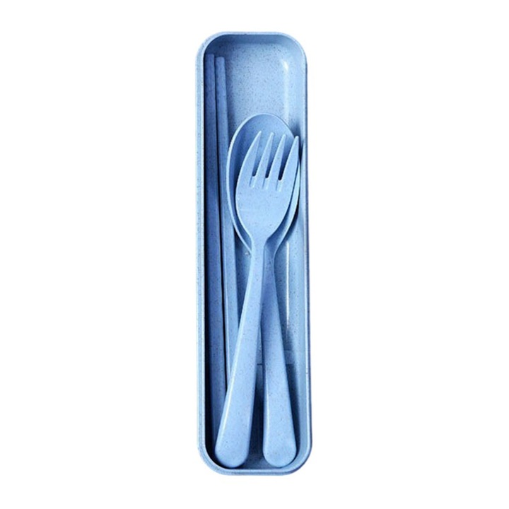 Set tacamuri portabile YANYXR BCS3158537, lingura, furculita, betisoare si cutie de depozitare, plastic, albastru