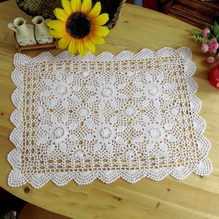 Fata de masa dreptunghiulara YANYXR BCS3159145, crosetata din bumbac, dantela perforata, lucrata manual, alb, 40 x 60 cm