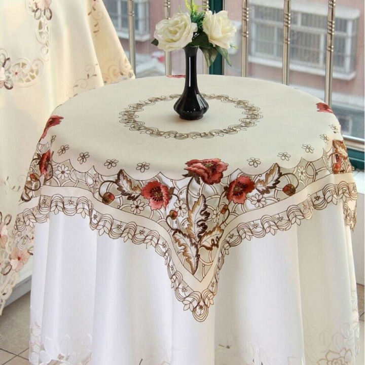 Fata de masa YANYXR BCS3159160, din satin cu broderie florala si dantela, ivoriu, 57x57/83x83/108x108/130x130 cm