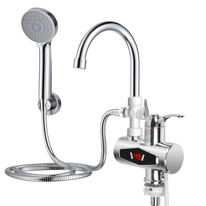 YANYXR BCS3157934 azonnali vízmelegítő, 3000 W, LED hőmérséklet kijelző 30–60°C, 360°-ban forgatható csapra szerelhető, védelemmel, zuhanykészlettel, króm