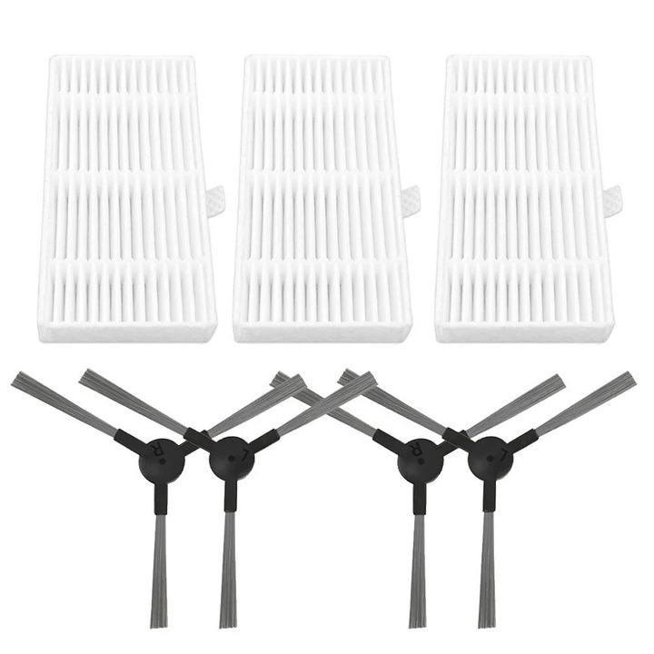 Set perii laterale si filtre pentru robot aspirator YANYXR BCS3160436, compatibil cu Cecotec Conga 999 X-Treme, 4 perii laterale + 3 filtre, alb/negru