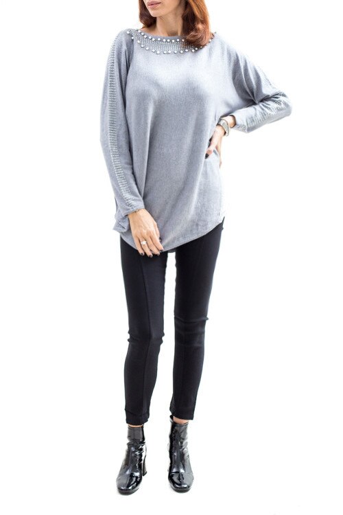 Bluza oversize, margele, strassuri, Gri, L