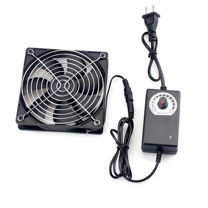 YANYXR BCS3161998 hűtőventilátor, 12 cm, 12V, 2700 RPM, 81 CFM, fokozatmentes fordulatszám-szabályzó, fém védőrács, fekete, 1 db