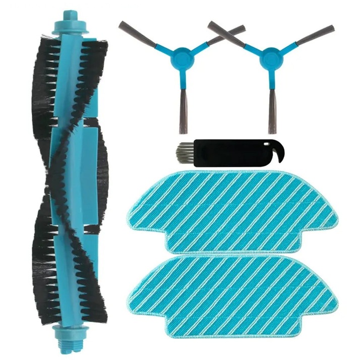 Set piese de schimb pentru robot aspirator YANYXR Conga 7090 IA BCS3160558, perie centrala anti-incalcare, 2 perii laterale, 2 lavete microfibra, periuta de curatare, turcoaz