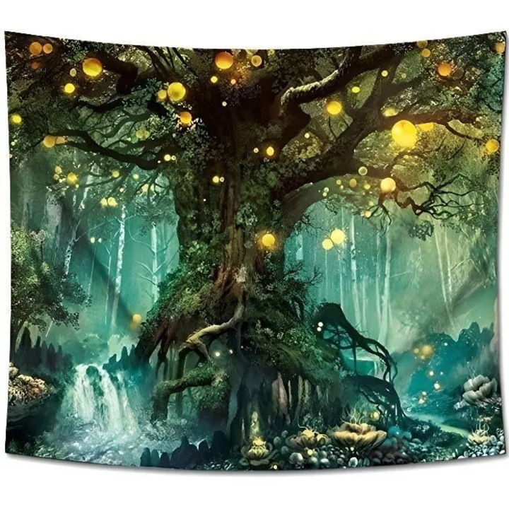 Tapiserie de perete cidiscount-xwx-260804-122, 3D, design floral contemporan cu padure realista, verde/galben, 80 x 60 cm