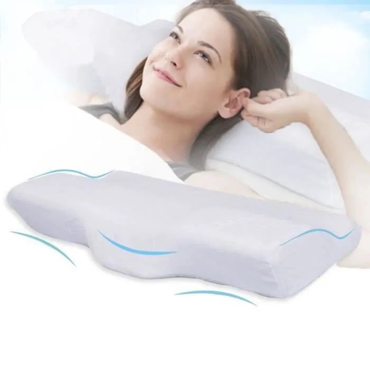 Perna cu spuma memory cidiscount-xwx-260804-190, ortopedica contur cervical ergonomica, antialergica (antiacarieni), reduce sforaitul, cu husa 80% bumbac/20% poliester, alb, 61x34x5-11 cm