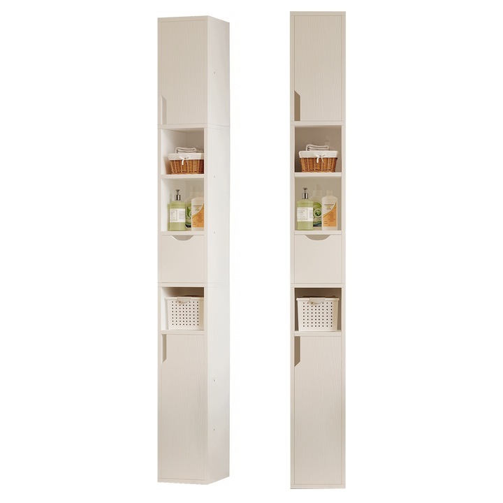 Raft ingust de baie, tip coloana, alb, cu 1 sertar, practic, in stil loft