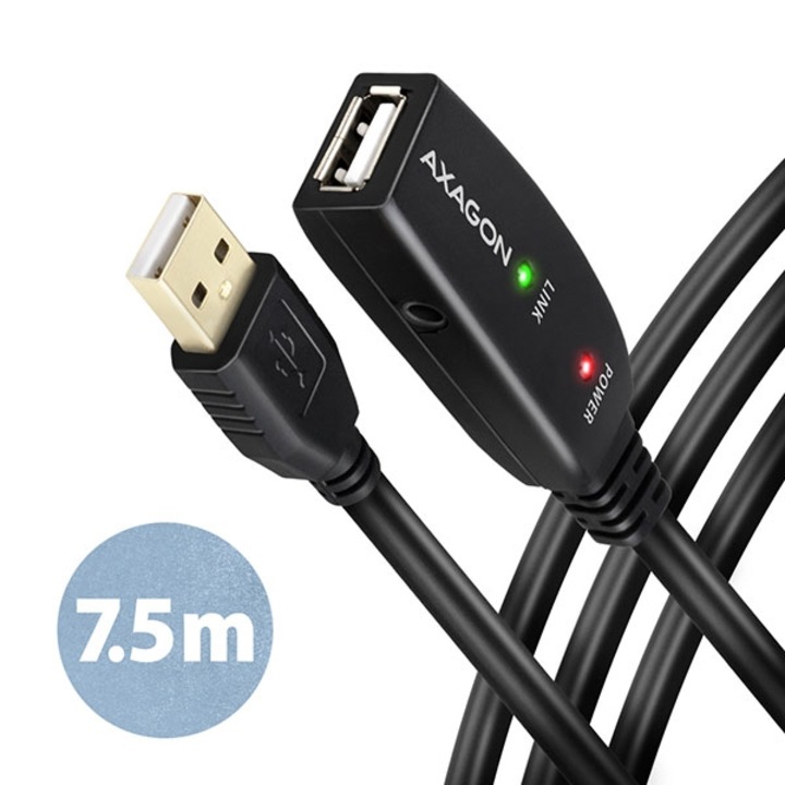USB 2.0 A-A M/F kábel ismétlővel, AXAGON ADR-207, 7.5m