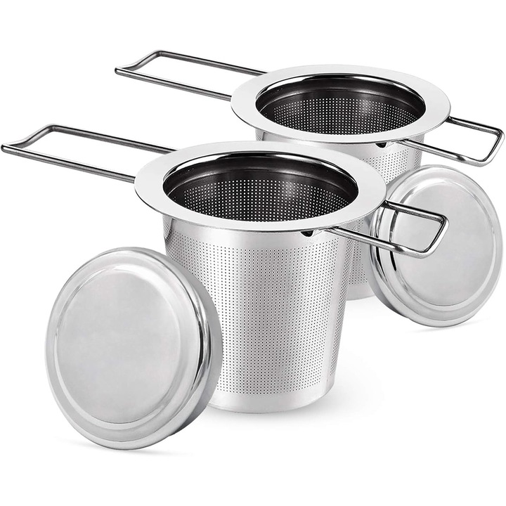 Sita pentru ceai ZYBLSSBB LSM2XH19587-HFP-0261, 304 inox, plasa extra fina, maner pliabil, cu capac/tava picurare, argintiu, set 2 buc