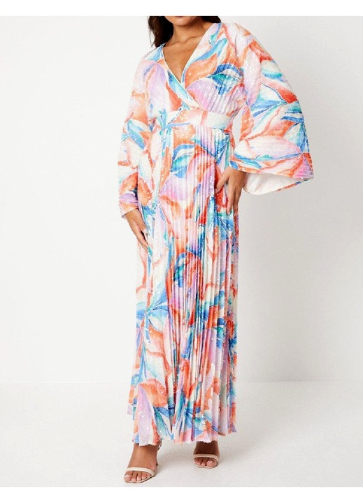 Rochie lunga Evendi, de ocazie, maneci lungi, multicolor, Multicolor