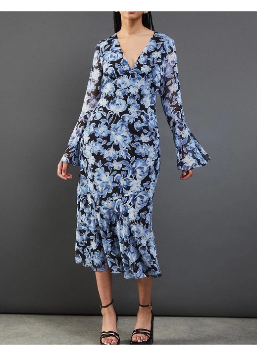 Rochie medie Evendi, De ocazie, maneci lungi, albastru, Albastru
