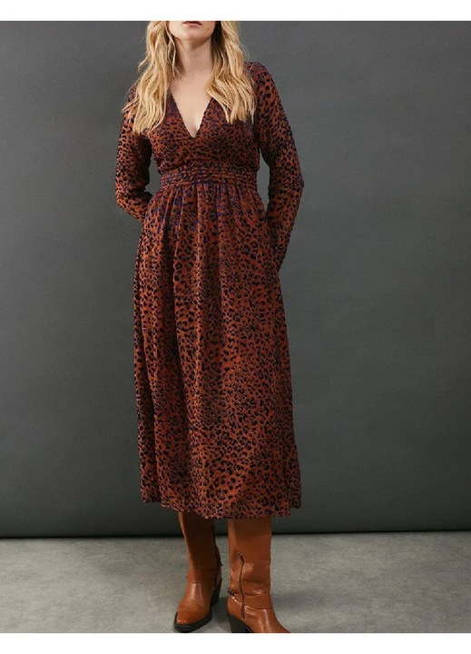 Rochie medie Evendi, model drept, maneci lungi, animal print, Animal print
