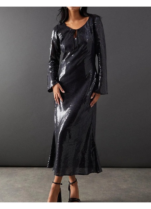 Rochie medie Evendi, de ocazie, maneci lungi, gri, Gri