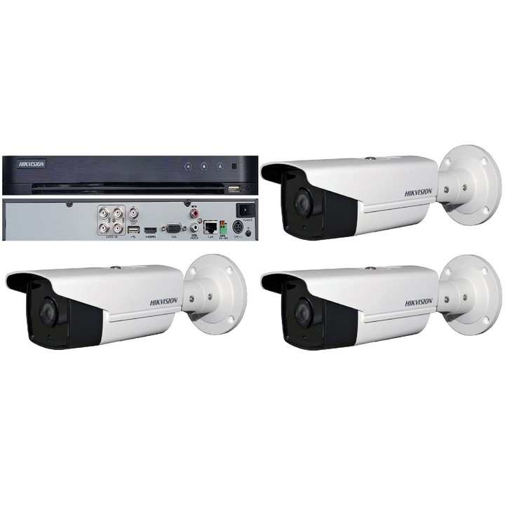 Kit Sistem Supraveghere si Securitate, 2 Camere Exterior Ultra HD 5MP High-Performance 80m ARRAY EXIR Hikvision + DVR 4 canale pana la 5MP, Auto-Adaptiv HDTVI/HDCVI/AHD/CVBS
