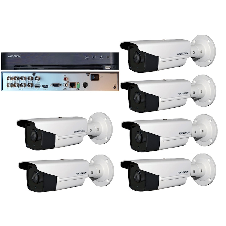 Kit Sistem Supraveghere si Securitate, 4 Camere Exterior Ultra HD 5MP High-Performance 40m ARRAY EXIR Hikvision + DVR 4 canale pana la 5MP, Auto-Adaptiv HDTVI/HDCVI/AHD/CVBS