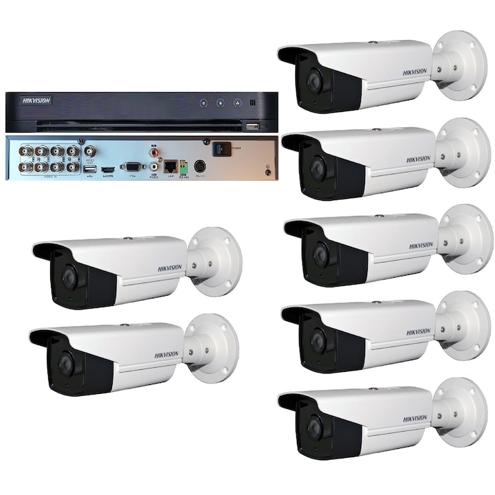 Kit Sistem Supraveghere si Securitate, 5 Camere Exterior Ultra HD 5MP High-Performance 40m ARRAY EXIR Hikvision + DVR 8 canale pana la 5MP, Auto-Adaptiv HDTVI/HDCVI/AHD/CVBS