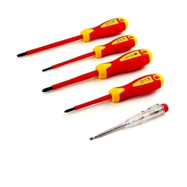 4 db szigetelt csavarhúzót és egy feszültségvizsgálót, Hogert, 1000V-ig terjedő elektromos vezetékeken való munkához