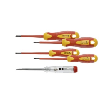 Set 4 surubelnite electrician + 1 surubelnita tester, HOEGERT, testate VDE 1000V, otel S2 Set 4 surubelnite electrician + 1 surubelnita tester, HOEGERT, testate VDE 1000V, otel S2