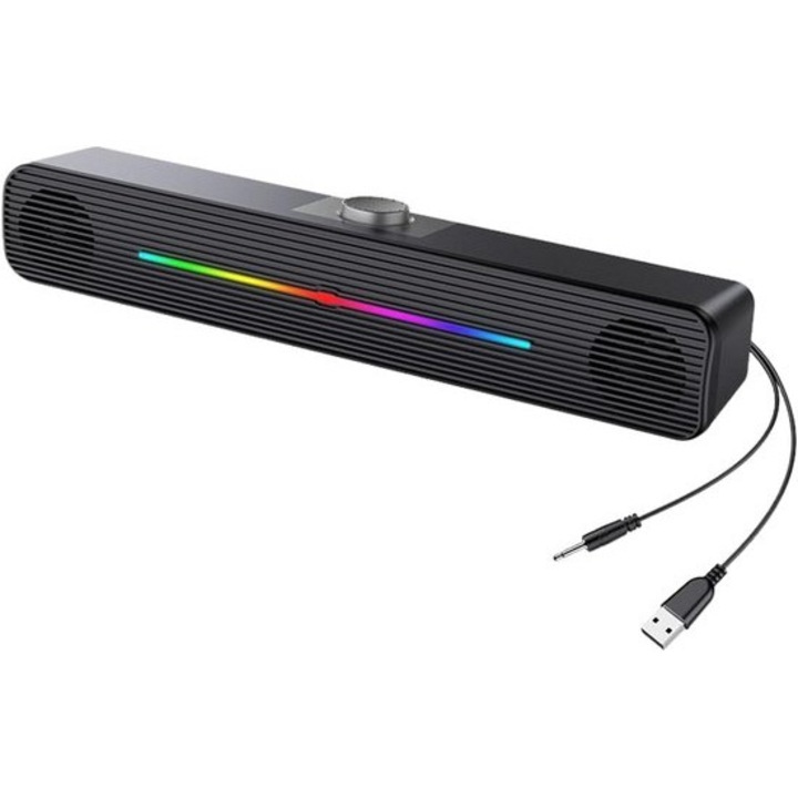 Soundbar desktop GMK0375-260713-19, iluminare RGB dinamica sincronizata cu muzica, difuzoare stereo cu bass, buton volum rotativ, alimentare USB si intrare auxiliara 3.5 mm, negru, 40 x 8 x 7 cm
