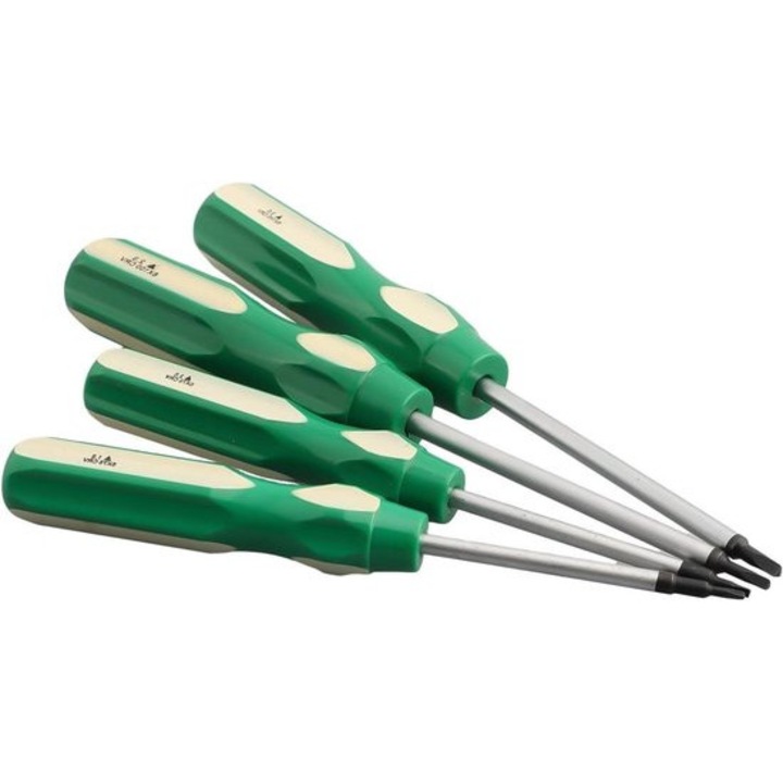 GMK0375-260728-13 háromszögletű csavarhúzó készlet, 4 db, TA1.8/TA2.0/TA2.3/TA3.0 mm hegyek, króm-vanádium acél, zöld/krém