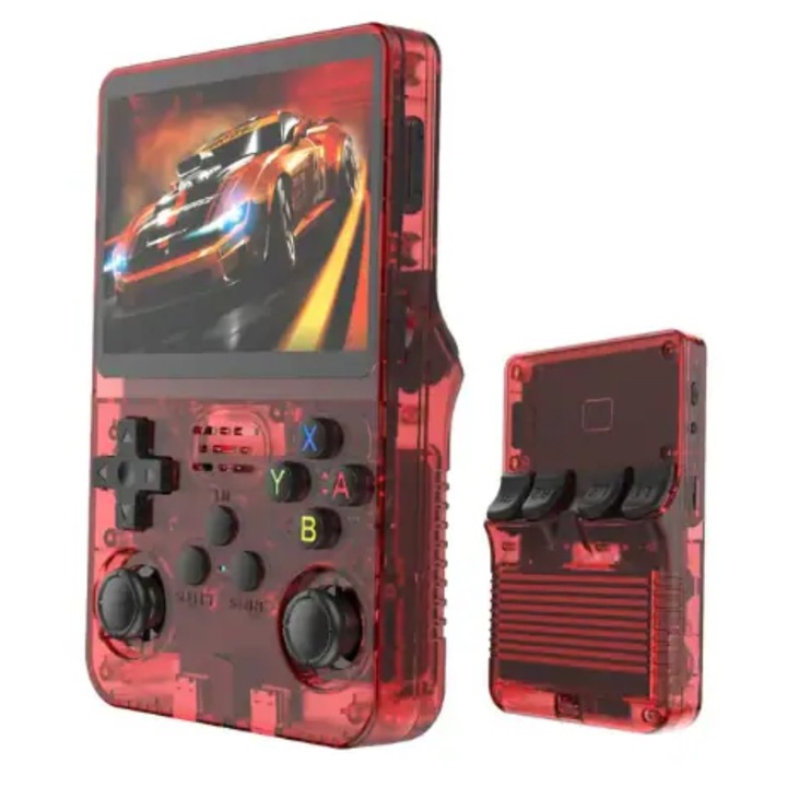 Consola retro portabila NEW R36S, 128GB cu jocuri 33000 jocuri, CPU RK3326 1.5GHz, GPU MALI-G31MP2, 1GB DDR4 2666MHz, IPS LCD 3.5" 640x480, 3500 mAh, roz transparent