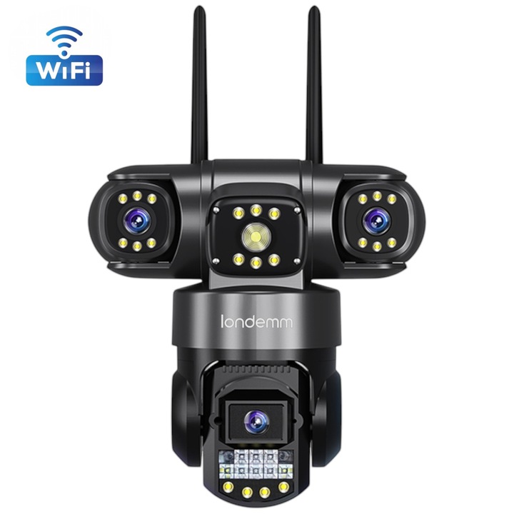 WiFi Камера за наблюдение LONDEMM® 6MP, 3 обектива, PTZ 355°, V380 Pro, Откриване на човешко движение, Двупосочно аудио, Цветно нощно виждане, IP66, Външна, Черна