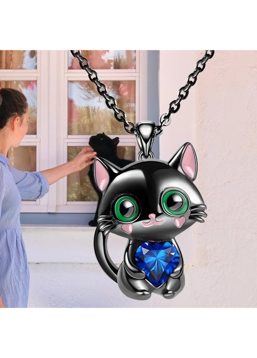 YANYXR, colier din aliaj cu pandantiv pisica cu cristal in forma de inima albastra si ochi verzi BCS3175230, multicolor