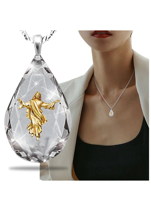 YANYXR, colier pandantiv din cristal in forma de picatura cu figura Iisus aurit, transparent/auriu