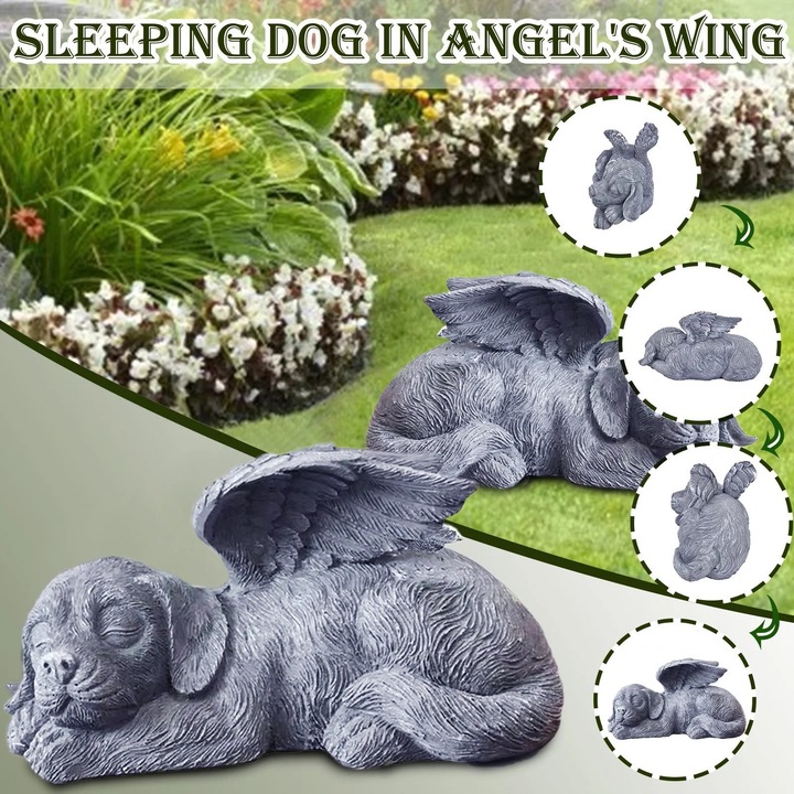 Statueta memoriala caine cu aripi de inger YANYXR BCS3177843, rasina rezistenta UV, gri piatra, 6×12 cm