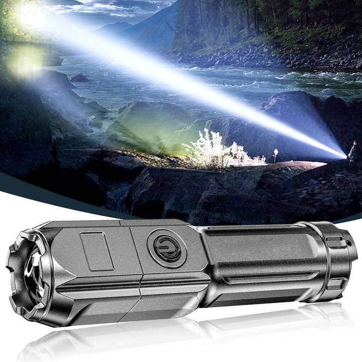 Lanterna LED YANYXR BCS3177548, 1200 lumeni, reincarcabila USB, 3 moduri (high/medium/flash), corp ABS, gri, 13 cm
