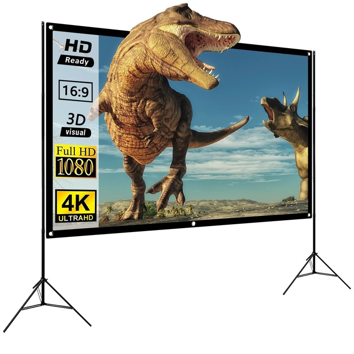Ecran de proiectie YANYXR BCS3181673 cu suport, pliabil, 16:9, compatibil Full HD/4K, 12 carlige, negru/alb, 330 x 187 cm (150 inch)
