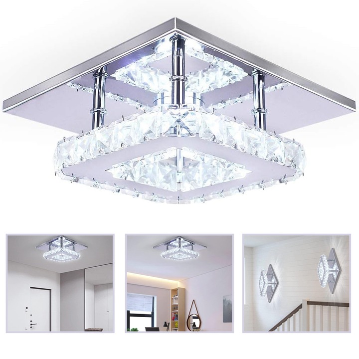 LED Kristály Mennyezeti Lámpa, 12W, 220V, Négyzet Alakú, Krómozott Felület, Hatékony Design, Modern LED Csillár, Mini Kristály Mennyezeti Lámpa Előszobába, Hálószobába, Fürdőszobába